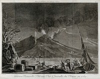 Mount Vesuvius in quiescence by night, 1757, with the Bay of Naples and fishermen. Etching by R. Benard after Delarue.