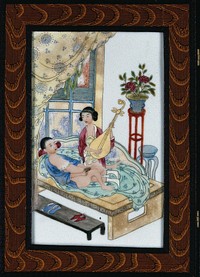 A Japanese man and woman having sexual intercourse, the woman lying on top, playing a lute. Ceramic tile by Japanese craftsman.