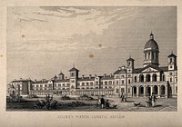 Colney Hatch Lunatic Asylum, Southgate, Middlesex: panoramic view. Engraving.