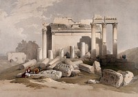 Remains of the eastern portico of a temple at Baalbec, Lebanon. Coloured lithograph by Louis Haghe after David Roberts, 1843.