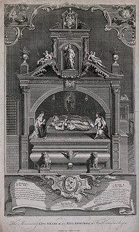 The monument of King Henry II and Richard I with sculptures representing other members of the families at Font Evraud in Anjou. Engraving with etching by J. Goldar after H. Gravelot, 1813.