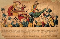 A tooth-drawer performing to a crowd accompanied by a howling patient, a monkey and a man dressed in Roman costume. Coloured lithograph by Lavrate.