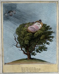 Precariously perched on the top of a tree, William IV is sleeping in a cradle, the faces of Lord John Russell, Daniel O'Connell and Lord Melbourne in the clouds blow vigorously. Coloured lithograph by H.B. (John Doyle), 1836.