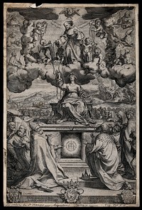 Saint Francis of Assisi on a cloud with cherubs; giving the cords of his robes to the Virgin on a pedestal and to a crowd of people. Engraving by Agostino Carracci, 1586 .