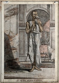 Brahman priest with a musical shell and a bell, being used at a religious ceremony, Calcutta, West Bengal. Coloured etching by François Balthazar Solvyns, 1799.