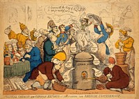 The powers of Europe as alchemists who dissolve the alliance of German princes with Napoleon. Coloured etching by T. Rowlandson, 1813.