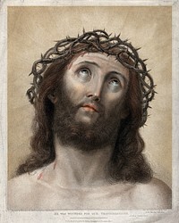 Ecce Homo, Christ in his Passion. Colour engraving by F. Bartolozzi after G. Reni.