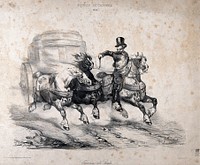 A well-dressed man on horseback gallops alongside two horses drawing a coach, raising his whip. Lithograph attributed to A. Girardin, ca. 1850.
