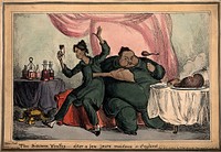 Chang and Eng the Siamese twins, eating and drinking to excess. Coloured etching by W. Heath, 1829.