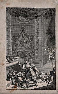 Juliet, kneeling between the bodies of Romeo and Paris in the burial crypt of the Capulets, is about to stab herself in the chest with a dagger while a group of torch-carrying soldiers arrives in the background. Etching.