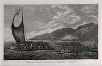 Hawaiians with King Tereoboo rowing towards Captain Cook's ships to greet Cook the day after his return to Hawaii. Engraving by B.T. Pouncy, 1784, after J. Webber.