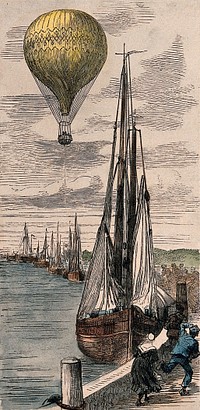 A balloon is drifting away from the land towards the sea. Coloured wood engraving.