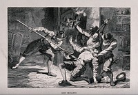 Pierre de La Ramée (Peter Ramus) is held down and stabbed by soldiers with a halberd and a sword. Wood engraving by Charles Maurand after Edmond Morin.