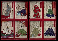 Four portraits of emperors. Colour woodcut by Chikanobu, 1878.