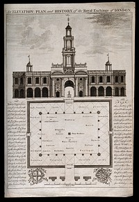 The Royal Exchange, London: elevation of the entrance facade, top, and ground plan of the courtyard, below, with indications of types of trade in the courtyard, heraldic emblems of the City of London and the Mercers' Company below, with a scale of feet. Engraving by A. Walker, 1808, after I. Donowell.