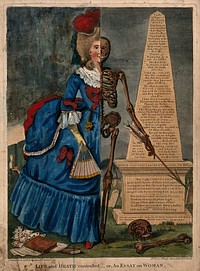 A woman shown half as clothed human being and half as skeleton. Coloured etching, 17--.