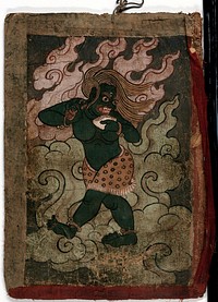 A green Tibetan demon  holding a skull cup and a vajra in its hand. Gouache painting by a Tibetan artist.