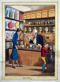 An interior of a stylish pharmacy with the pharmacist serving a customer and an apprentice at work with the pestle and mortar. Coloured etching by H. Heath, 1825.