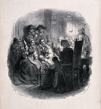 A group of people gathered around an old lady sitting by a spinning wheel holding a spool of yarn. Lithograph by Gustave Janet.