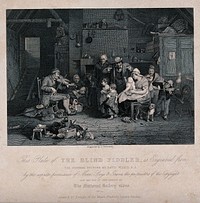 A blind man plays the fiddle to a large family. Engraving by T. Nicholson after David Wilkie.