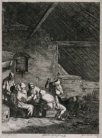Six peasants carousing in a barn as a seventh man vomits in the corner. Etching by J. de Visscher, 17th century, after J. Danckerts.