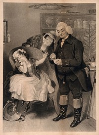 A physician stirring medicine in a cup which is refused by a repulsed little girl, her mother stands behind her smiling. Mezzotint by J. Jervis, 1842, after W. White.