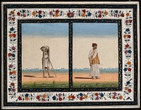 Two Indian men: (left) with a tick sheet hood over his head and holding a long wooden stick, and (right) wearing a red turban and a yellow jacket. Gouache painting by an Indian artist.