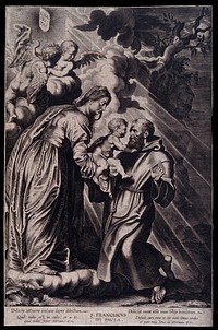 Saint Francis of Paula receiving the infant Christ from the Virgin Mary; two cherubs are watching the scene. Engraving by M. Lasne after P.P. Rubens, ca. 1640.
