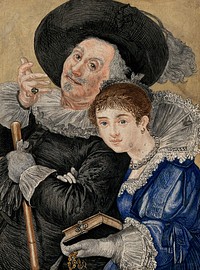 A man and a woman in seventeenth century costume. Gouache drawing.