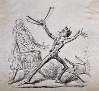 A man holding an enormous razor jumps in fright upon looking in a mirror and seeing his dressing table taking on a human form. Etching by W.C.W.