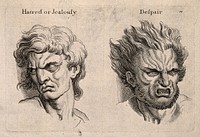 A face expressing hatred or jealousy (left); a face with hair on end expressing despair. Engraving, c. 1760, after C. Le Brun.