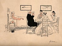A doctor and nurses playing cards in a room with a sick patient. Process print after L.T. Lackernay.