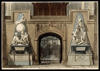 Westminster Abbey: monuments of Sir Isaac Newton and the first Earl of Stanhope. Coloured aquatint by A. Pugin and T. Rowlandson [] after W. Kent and M. Rysbrack.