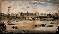 The Royal Hospital, Chelsea; and the Rotunda at Ranelagh: viewed from the Surrey bank with boats on the river. Coloured engraving.