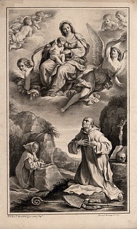 The Virgin and child appear to Saint Bruno. Drawing by F. Rosaspina, c. 1830, after G.F. Barbieri, il Guercino, 1647.