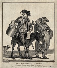 A pregnant woman leading a donkey on which a discharged veteran, who has lost both his legs, is sitting carrying one of their children in a bucket. Etching with engraving by J. Caldwell after J. Collet, 1775.