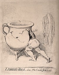 A man disappearing into a cracked chamber pot which has the legs of woman; implying the illicit relationship between the Duke of Clarence and Mrs. Jordan. Etching by J. Gillray, 1791.