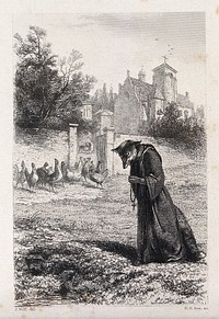 A fox in a monk's habit is apparently deeply engrossed in praying while it approaches the chicken run outside the monastery. Etching by A. Fox after J. Wolf.