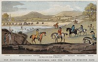 A deer-hunting party following their hounds to a river into which they have chased a stag. Chromolithograph after A. Grant.