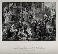 Saint Bavo as Roman soldier is received as a Christian monk by Saint Amand and Saint Floribert at the entrance to St Peter’s Abbey, Ghent; left, his money is given to the poor. Line engraving by P. Lightfoot after Sir P.P. Rubens.