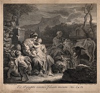 The holy family resting among animals in Egypt. Etching by B. Baron, 1724, after F. Solimena.