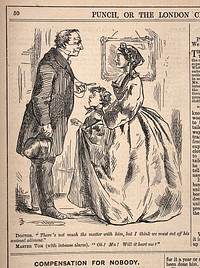 A doctor examining a boy patient who is with his mother, recommends abstinence from meat and dairy products: the boy misunderstands the remedy. Wood engraving by JB, 1863.