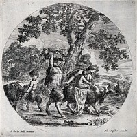Pan, carrying a basket of grapes, preceded by a woman riding a goat, both followed by a young satyr feeding another goat. Etching after S. Della Bella.