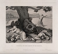 Men lie sleeping under a tree; one sows seeds; representing the biblical parable of the sower. Etching by F. Keller after J.F. Overbeck.