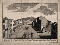 Spa, Belgium: people making their way towards the principal mineral fountain (pouhon). Etching after A. Le Loup, 1762.