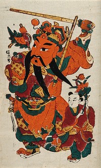 A Men Sheu (warrior spirit) brandishing two swords, with a small figure carrying a flower at his side. Colour woodcut, China 18--.