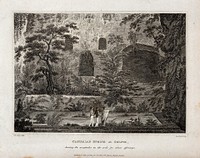 The Castalian spring at Delphi; the cavities in the rock are for votive offerings. Etching by F.R. Hay, 1813, after E.D. Clarke.