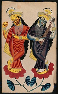Hindu goddesses Lakshami and Saraswati playing castanets and a tambura. Watercolour drawing.