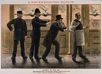 Policemen apprehend a pickpocket taking a license from a publican; representing the value to the government of publicans' licenses. Chromolithograph by T. Merry, 1890, after himself.