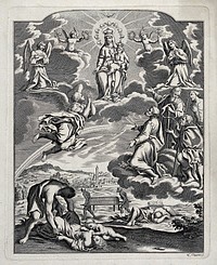 The Virgin of Succour venerated in the Sanctuary in the Borgo San Pietro at Bologna, appears above the town and is asked by Saints Peter, Paul, Roch and Sebastian to liberate the town from the plague of 1527. Etching by L. Capponi.